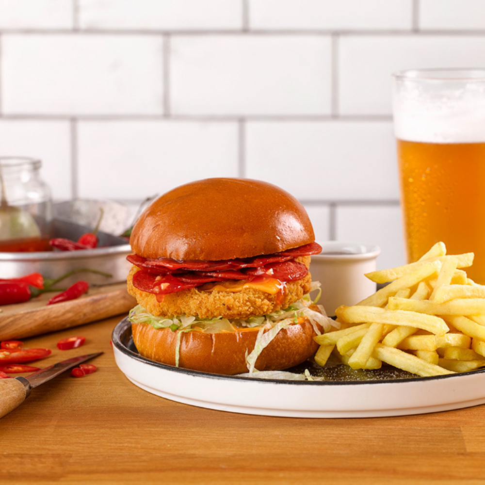 Chicken and Chorizo Burger with Fries and a Beer